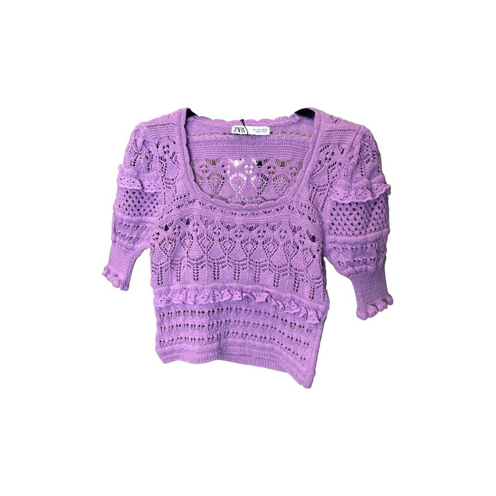 Zara Purple Crochet Top Size S – Short Sleeve, Ruffle Detail Top